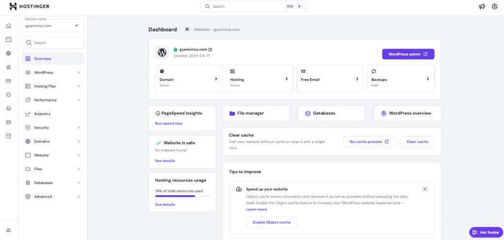 hostinger main dashboard